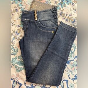 Blue Jeans with Embellished Waistband and Vintage Distressing SIZE 40 BR/ 8 US